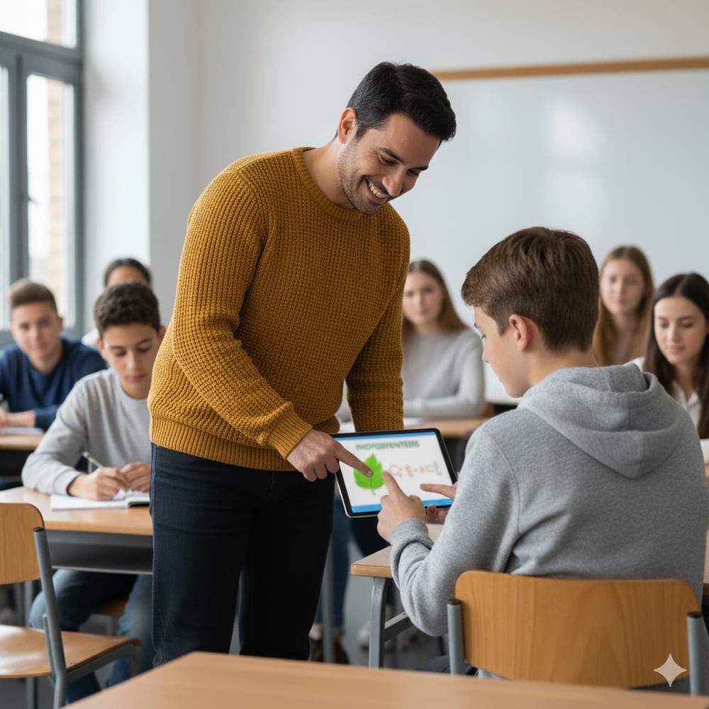a photorealistic image of a secondary school teacher, a hispanic man in casual clothing, in a classroom full of kids, standing beside a male student at his desk reviewing a tablet together that shows an image from a lesson