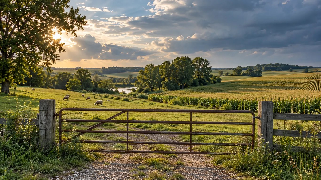 Illustrative mixed farm landscape with pasture, sheep, crops, trees and water.