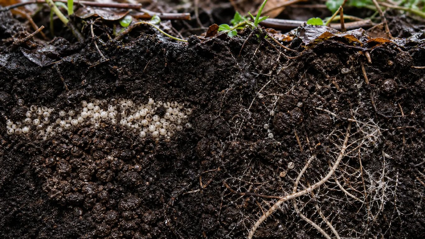 Close soil view showing concentrated granules beside structured soil and fine roots.