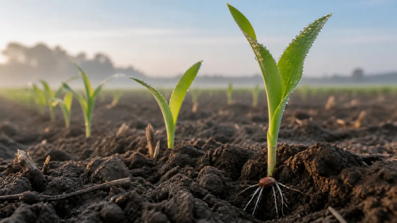Newly emerged corn seedlings with dew and a visible young root system.