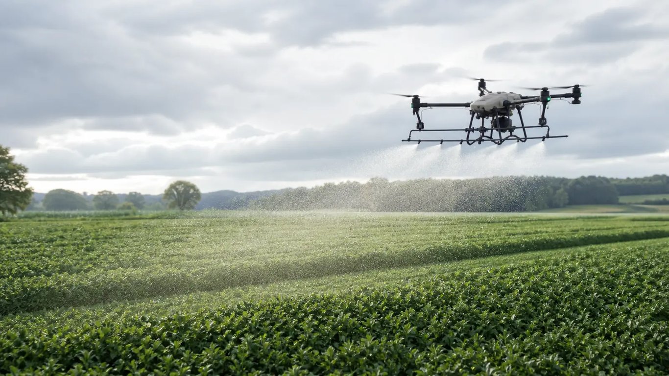 Agricultural drone applying a fine foliar spray over a green field trial.