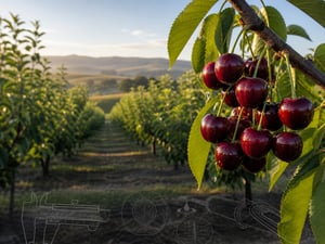 Rows of mature tree fruit with a close view of high-quality fruit and subtle quality-measurement markings.