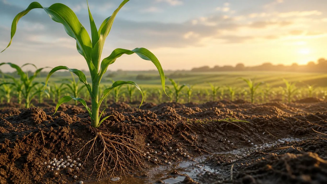 Young corn plant growing in moist soil with roots and fertilizer granules visible.