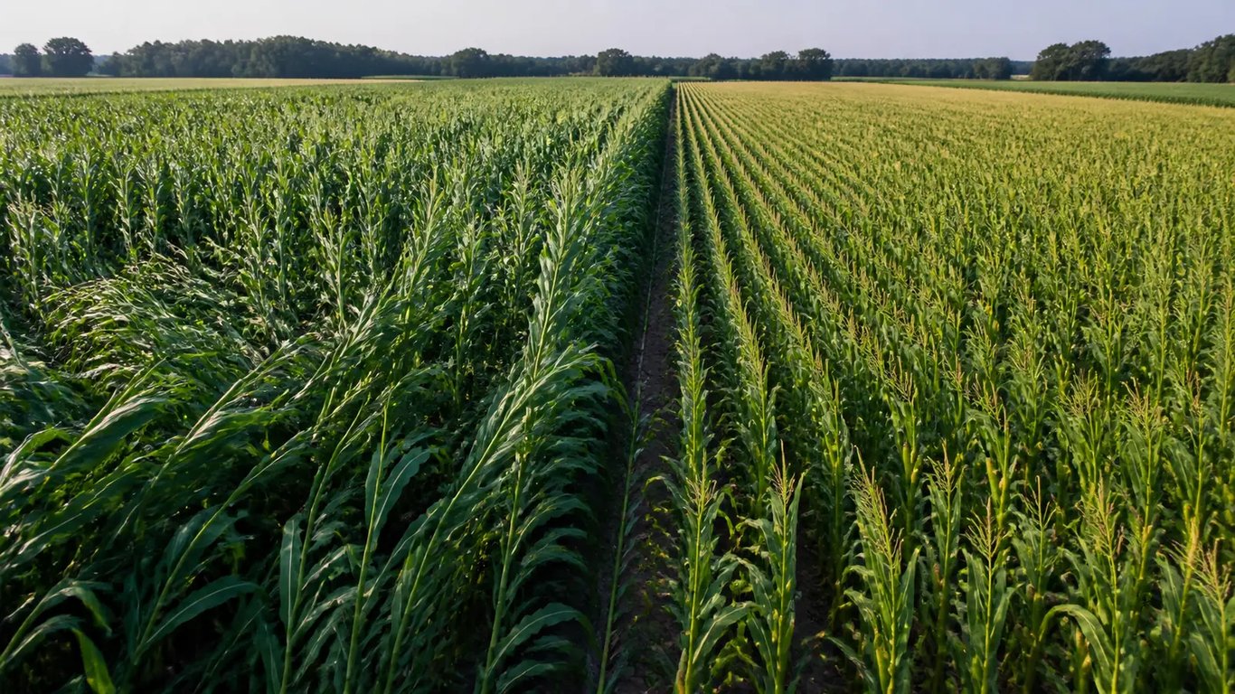 Adjacent corn trial strips showing contrasting crop growth and stand structure.