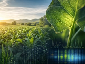 A regenerative crop field and close-up leaf overlaid with subtle plant chemistry analysis patterns.