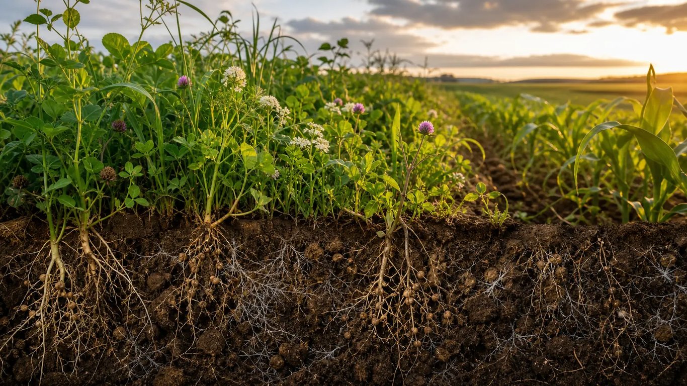 Illustration of cover crops, corn and roots beneath the soil surface.