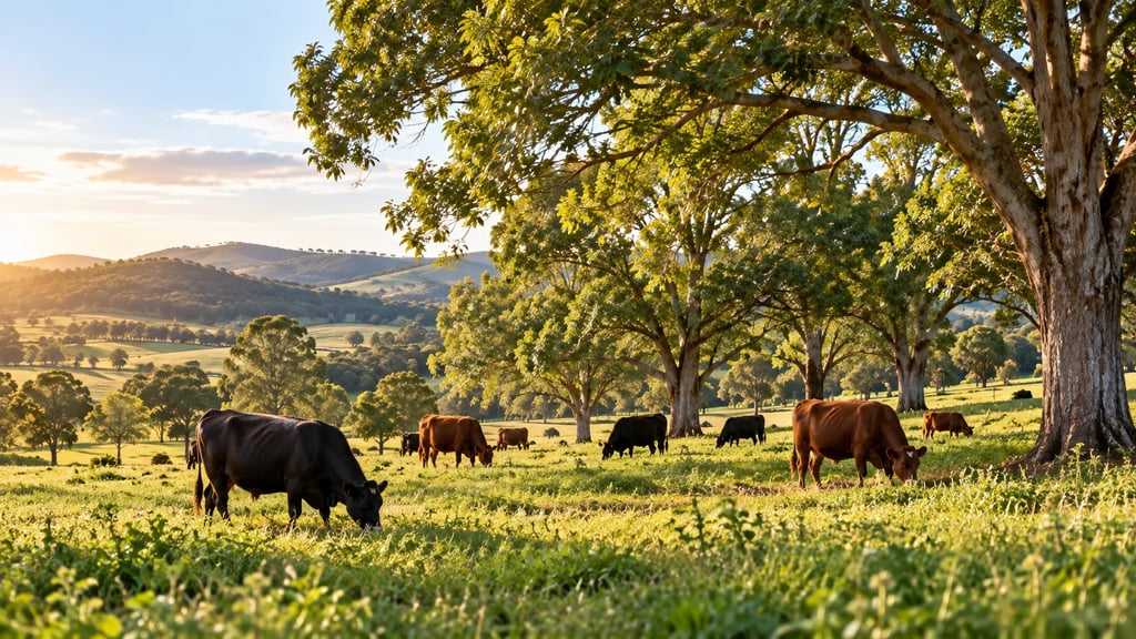 Cattle grazing in a silvopasture landscape with productive pasture and widely spaced trees.