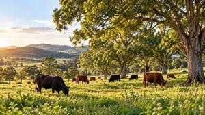 Cattle grazing in a silvopasture landscape with productive pasture and widely spaced trees.