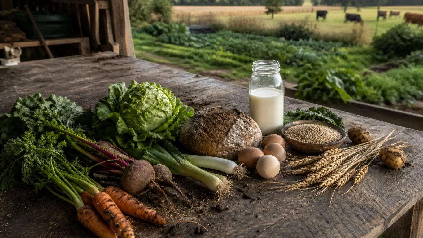 Illustration of bread, grain and farm produce on a table overlooking farmland.