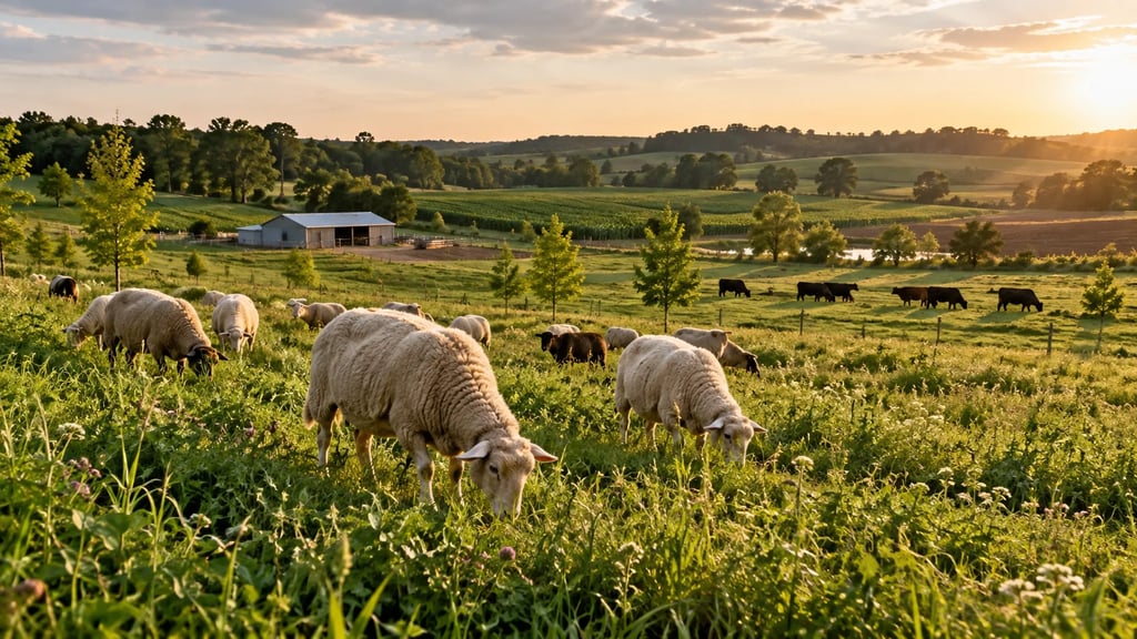 Sheep grazing in perennial pasture with cattle, crop fields, trees and a modest farm shed.