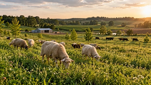 Sheep grazing in perennial pasture with cattle, crop fields, trees and a modest farm shed.