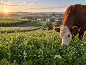Illustrated farm landscape for Playing Chess, Not Checkers, a course about connecting crops, livestock and management.