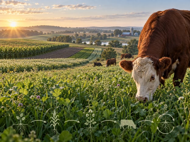 Illustrated farm landscape for Playing Chess, Not Checkers, a course about connecting crops, livestock and management.