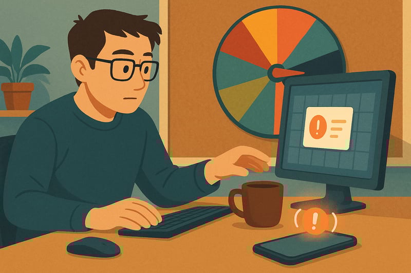 A person at a desk weighs a buzzing phone against a calendar reminder while a colorful spinner wheel on a wall adds a calm, witty decision cue.