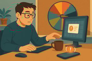 A person at a desk weighs a buzzing phone against a calendar reminder while a colorful spinner wheel on a wall adds a calm, witty decision cue.