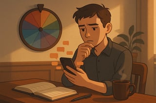 Personne réfléchissant devant des notifications et une horloge, avec une roue de décision colorée en arrière‑plan pour évaluer l'urgence.