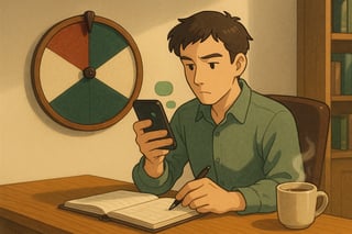 Person prueft am Schreibtisch per Spinnrad-Tool, ob eine Aufgabe dringend ist; Smartphone-Benachrichtigungen, Agenda und Teetasse setzen alltaeglichen Kontext.