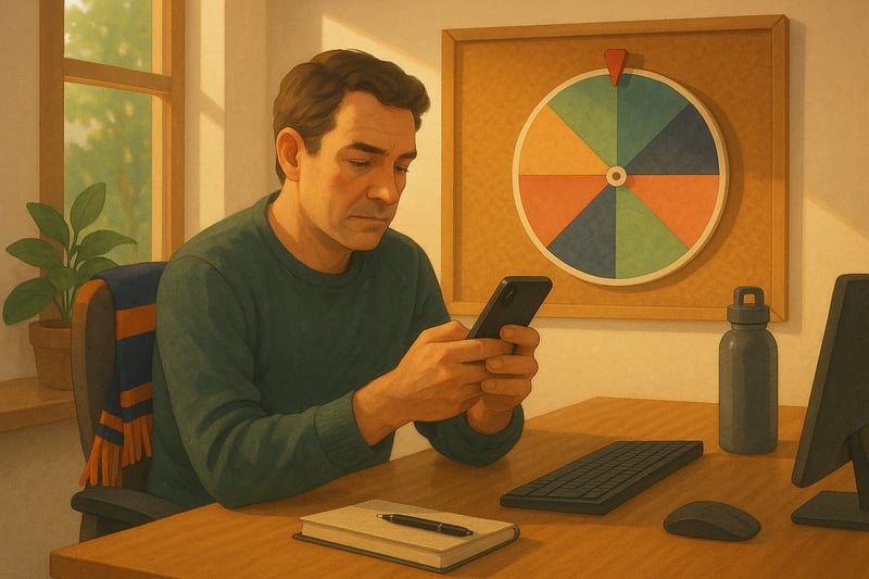 A person at a tidy home desk weighing a decision on their phone while a colourful spinner wheel hangs on a corkboard in the background.