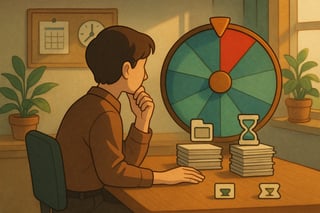 Nachdenkliche Person am Schreibtisch priorisiert Aufgaben, während ein farbiges Spinner-Rad im Hintergrund Dringlichkeitsstufen signalisiert.
