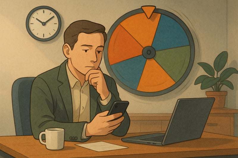 Nederlandse professional twijfelt over urgentie aan een bureau, met subtiele spinner aan de muur, smartphone en klok zichtbaar voor context.