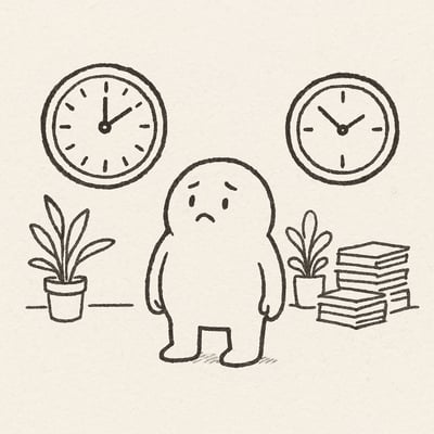 A character standing between a loud ticking clock and a silent clock, expressing the hidden challenge of distinguishing false urgency in the workplace.