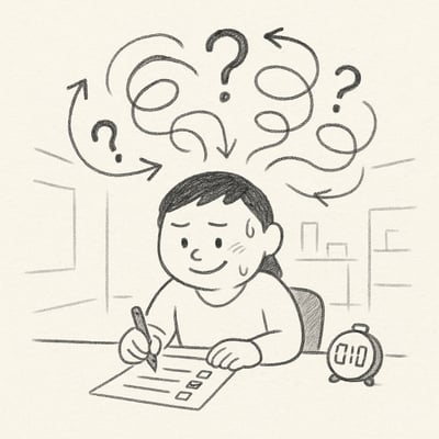 A person at a desk surrounded by swirling question marks and a visible countdown timer, representing stress from time pressure on decision making.