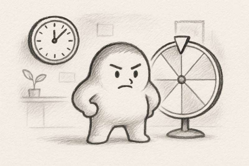 A thoughtful character balancing a ticking clock and a spinner wheel, expressing the challenge of calm decision making under time pressure.