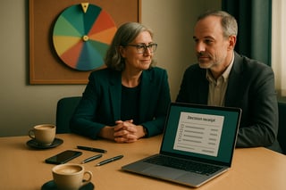 Aussie meeting room with a subtle spinner wheel on the wall and a laptop showing a decision receipt, suggesting quick, clear outcomes.