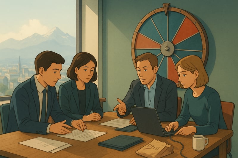 Team im Sitzungsraum diskutiert fokussiert, im Hintergrund haengt ein farbiges Spinner-Rad; Szene zeigt effiziente Entscheidungsfindung.