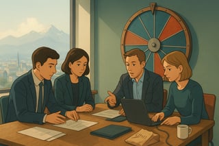 Team im Sitzungsraum diskutiert fokussiert, im Hintergrund haengt ein farbiges Spinner-Rad; Szene zeigt effiziente Entscheidungsfindung.