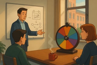 Team in modernem Büro, Moderator zeigt auf Whiteboard; auf dem Tisch ein farbiges Entscheidungsrad etwa 30% groß, Fokus auf klare Entscheidung.