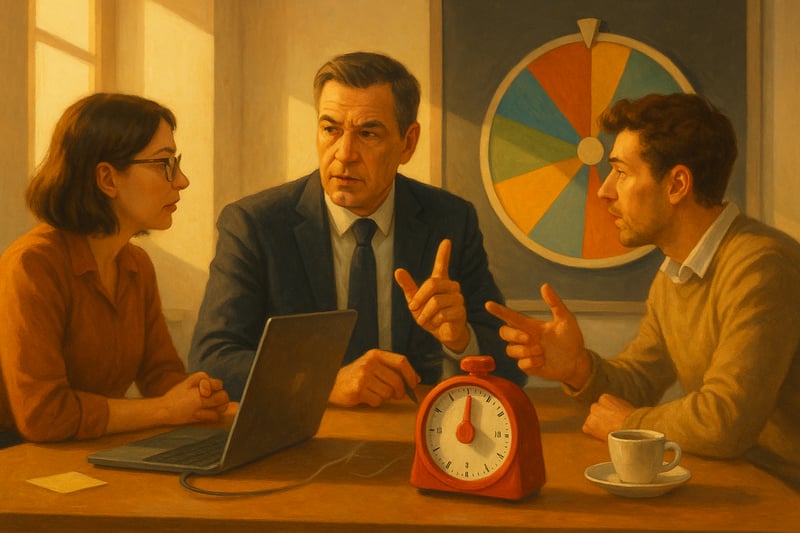 Manager in ufficio discute una decisione attorno a un tavolo; sullo sfondo una ruota decisionale colorata guida la scelta in 15 minuti.
