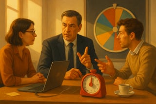 Un manager discute una decisione con il team attorno a un tavolo; una ruota colorata sullo sfondo li aiuta a scegliere in 15 minuti.