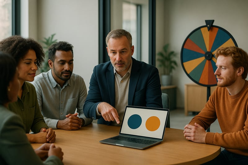 Vergaderruimte met team rond tafel; een kleurrijk beslisrad draait op de achtergrond terwijl een manager op twee opties op een laptop wijst.