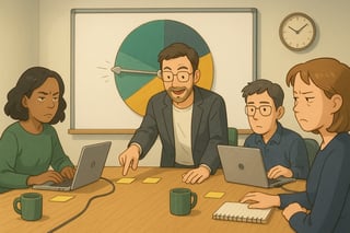 Sala de reunião moderna com líder facilitando decisões enquanto uma roda de decisão colorida aparece no quadro ao fundo.