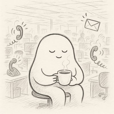 A calm Australian professional calmly sipping tea alone amid a busy, frantic office scene with urgent messages in the background.