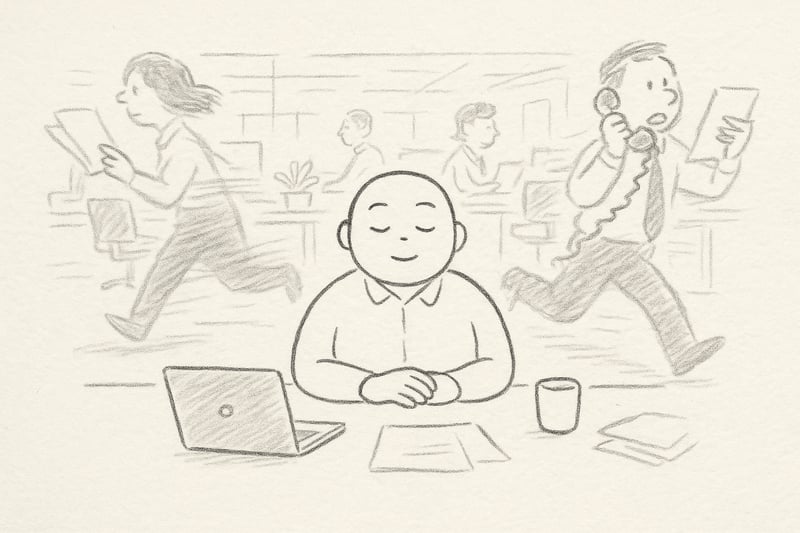 A calm Australian worker sitting serenely while hectic colleagues rush around carrying urgent papers and ringing phones in an open office.