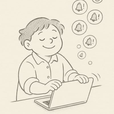 A smiling worker in an office setting closing their laptop as 'urgent' notifications float away, symbolising reclaiming calm and boundaries.