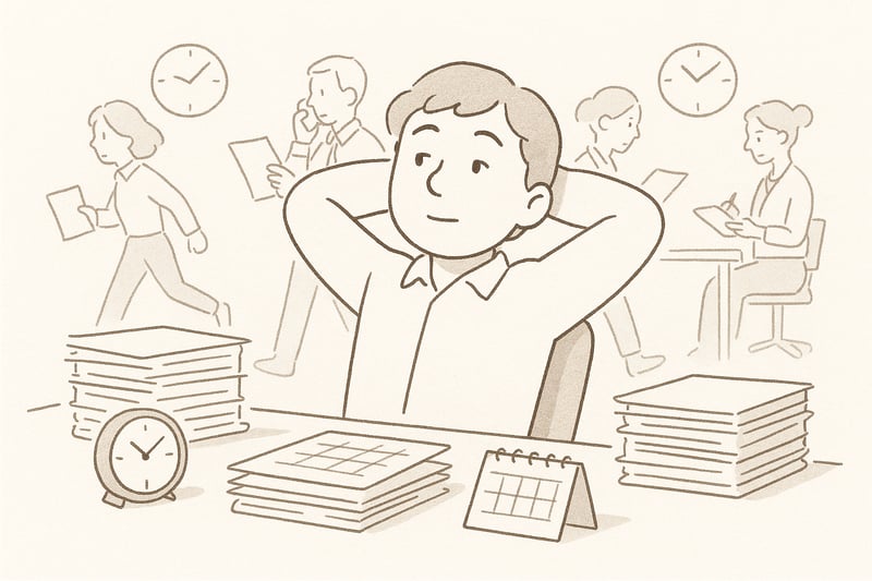 Eine Figur sitzt entspannt vor chaotischen Aufgaben. Symbole wie Kalender und Uhren verdeutlichen den Unterschied zwischen wichtiger und scheinbar dringender Arbeit.