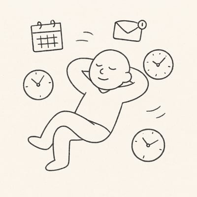 Eine entspannte Figur bleibt ruhig, während Zeitdruck-Symbole wie Uhren und Kalender sie umgeben.