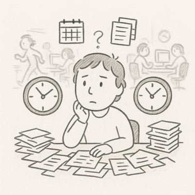 Eine Person am chaotischen Schreibtisch ringt mit zu vielen scheinbar dringenden Aufgaben und fühlt sich überfordert.