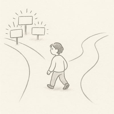 Ilustración de una encrucijada, donde una persona duda entre el camino urgente y el camino importante y opta por el de importancia.