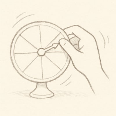 Eine Hand dreht gelassen ein Entscheidungsrad, das Ruhe und Klarheit bei schwierigen Entscheidungen symbolisiert.