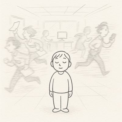 Eine Person steht entspannt im ruhigen Büro, während im Hintergrund andere hektisch vorbei eilen. Die Szene vermittelt Gelassenheit trotz Chaos.