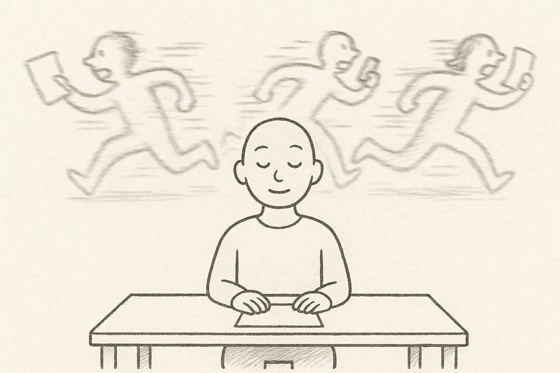 Eine ruhige Person sitzt konzentriert am Schreibtisch, während mehrere chaotische Figuren im Hintergrund hektisch an ihr vorbeilaufen.