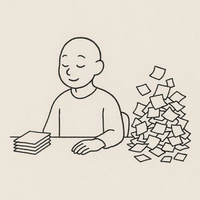 Eine Person am Schreibtisch konzentriert sich auf eine geordnete Aufgabe und ignoriert einen chaotischen Zettelberg neben sich.