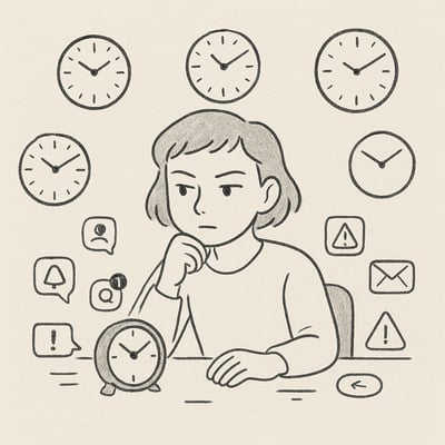 Ilustración de una persona serena en su escritorio ignorando alarmas y notificaciones para mostrar la diferencia entre presión real y percibida.