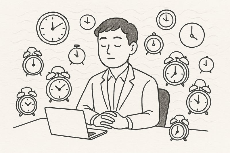 Un profesional en su escritorio mantiene la calma mientras iconos de alarma y relojes rodean la escena, reflejando el contraste entre presión externa y serenidad interna.