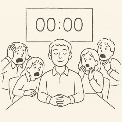 Ilustración de una reunión con personas tensas mirando un temporizador y una persona tranquila que respira para mantener la calma.