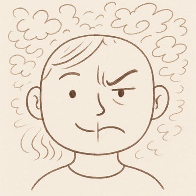 Ein Gesicht mit zwei Ausdrücken – eine Seite entspannt, die andere angespannt – symbolisiert Entscheidungsstress.